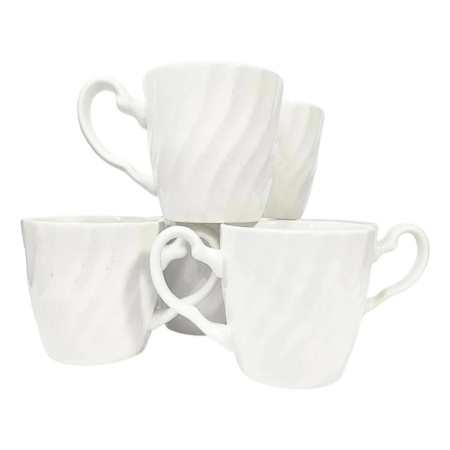 Vintage Ruffled White Ironstone Mugs- Set of Six For Sale