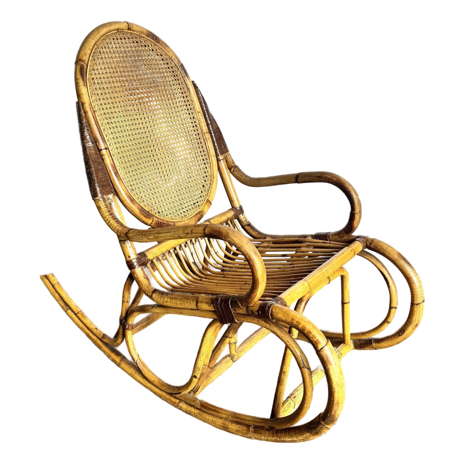 Vintage Boho Chic Bamboo and Cane Rocking Chair | Chairish