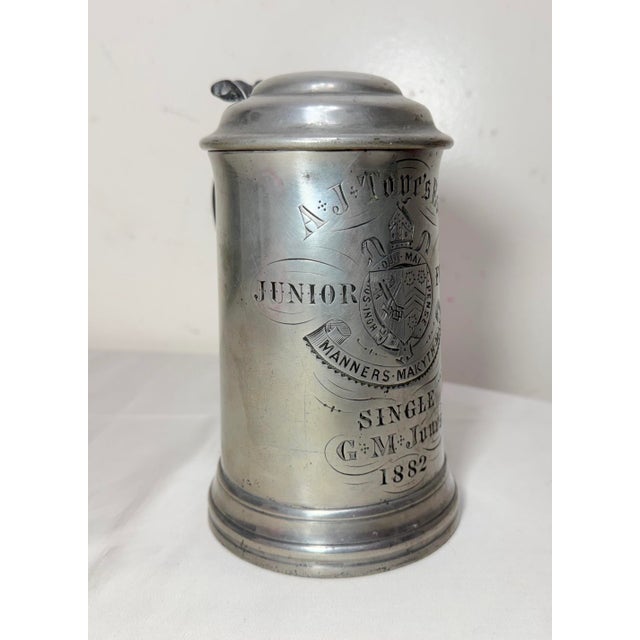 Metal Antique 1882 Engraved Pewter College Football Junior 5 Tankard Trophy Stein Mug For Sale - Image 7 of 17