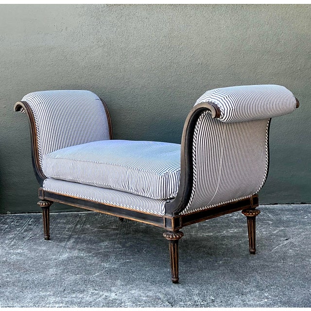 Vintage Ticking Stripe Scroll Bench For Sale - Image 9 of 12