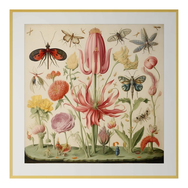 18" X 18" Framed 'Insects and Flowers' Botanical Print #1 For Sale