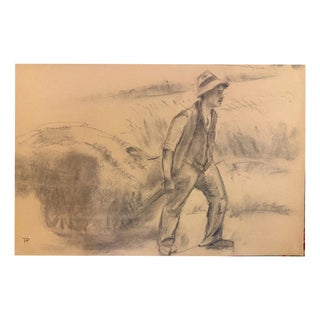 Heinrich Pforr, Uncle Wilhelm Bauer, Working in the Fields in the Schwalm Region, Charcoal on Paper For Sale