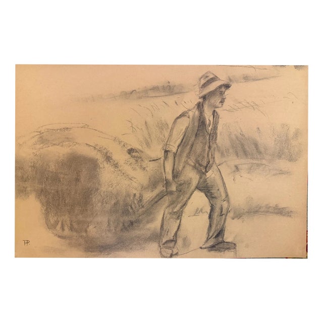 Heinrich Pforr, Uncle Wilhelm Bauer, Working in the Fields in the Schwalm Region, Charcoal on Paper For Sale