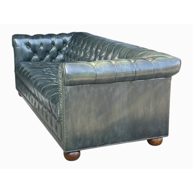1960s Distressed Olive Green Chesterfield Leather Sofa With Tufted Back & Bun Feet For Sale - Image 9 of 11