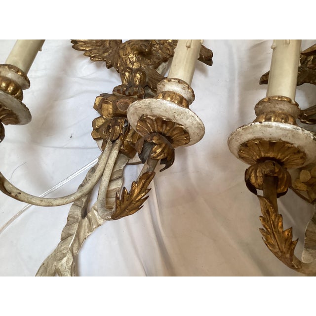 Early 20th C. Hand Carved Continental Parcel Gilt Eagle Motif Wall Sconces - A Pair For Sale - Image 9 of 11