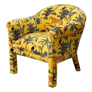 Vintage Postmodern Yellow Jungle Print Barrel Lounge Chair For Sale