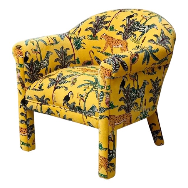 Vintage Postmodern Yellow Jungle Print Barrel Lounge Chair For Sale