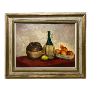 Late 20th Century Still Life Painting of Wine Bottle, Vessel, and Fruit