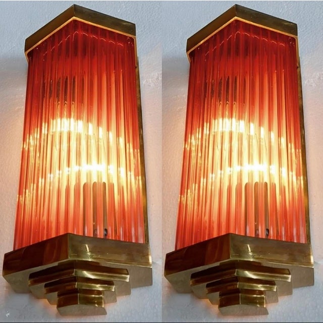 Pair Skyscraper Vintage Art deco light Old Lamp Wall Sconces Fixture Brass & Red Glass Rod Ship Light Excellent Working...