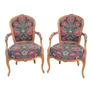 Louis XV Style Carved Walnut Floral Upholstered Armchairs - a Pair For Sale