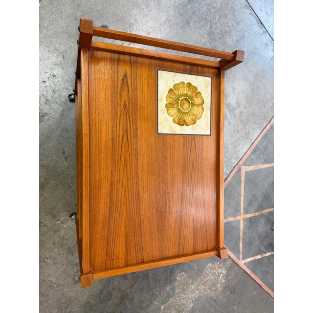 Mid-Century Modern Vintage Mid-Century Danish Modern Teak 3-Tier Bar Cart With Flower Tile Inset by Brdr. Furbo For Sale - Image 3 of 7