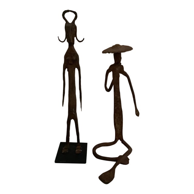 Vintage Cast Iron Tribal African Art Sculptures Figurines Man Woman Couple For Sale