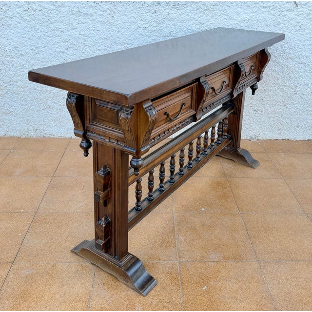 Valenti Spanish Carved Wood Console Table with Drawers and Turned Spindles, 1950 For Sale - Image 9 of 15