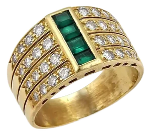 Diamond & Emerald 18k Yellow Gold 4 Rows Wide Band Ring, Size 6