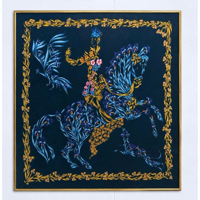 This is a Hermès Cheval Fleuri lithograph of a scarf designed by Henri d'Origny featuring a floral equestrian motif on a...