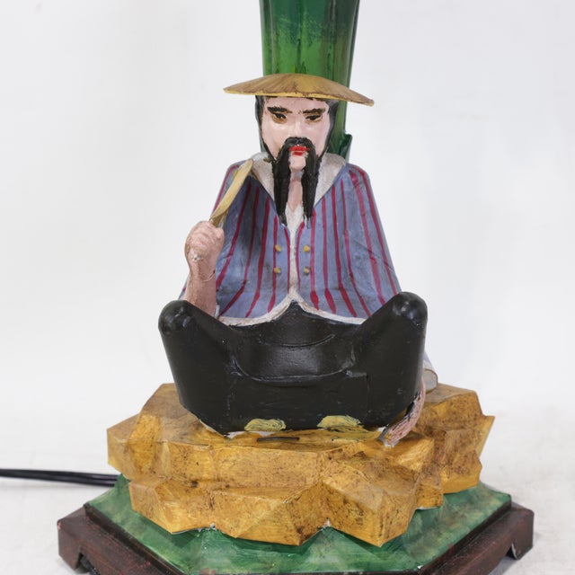 Dark Green Pair of Vintage Hand-Painted Chinoiserie Tole Palm Tree and Figurine Table Lamps For Sale - Image 8 of 12