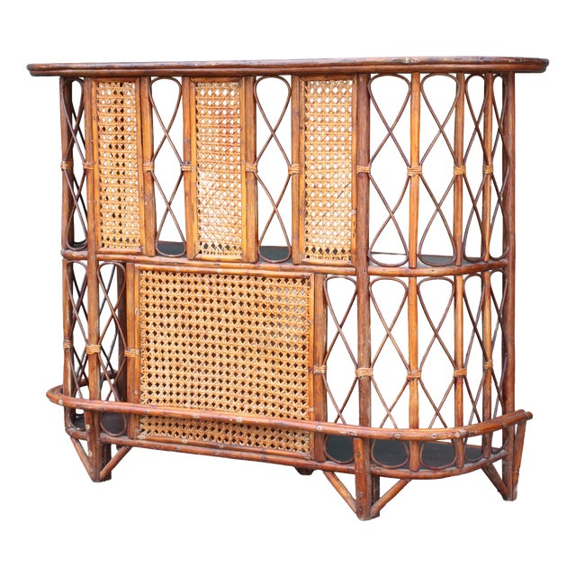 French Freestanding Rattan and Cane Bar, 1970s For Sale