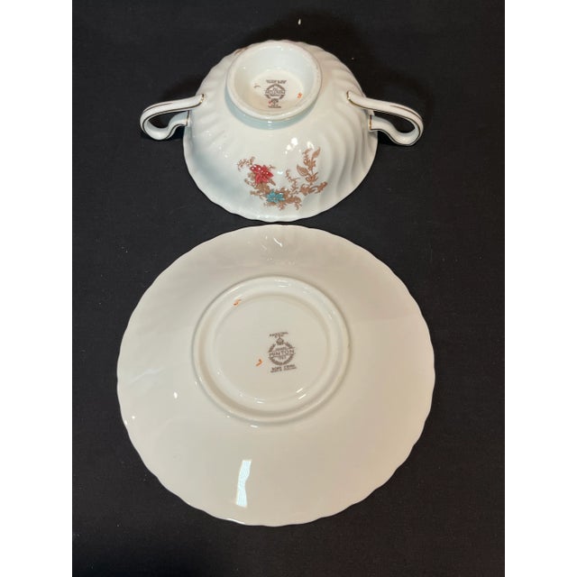 1950s 1950s Minton Ancestral Footed Cream Soup Bowl & Saucer Sets English Bone China- 8 Sets For Sale - Image 5 of 9