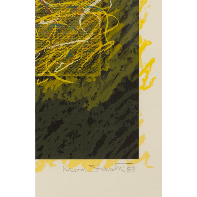 A vibrant abstract screenprint titled "Simonkon" by Norman Stewart featuring an intricate lattice-like geometric structure...