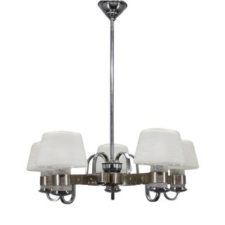 Art Deco Nickel Chandelier with Textured Glass, Czechoslovakia, 1930s For Sale