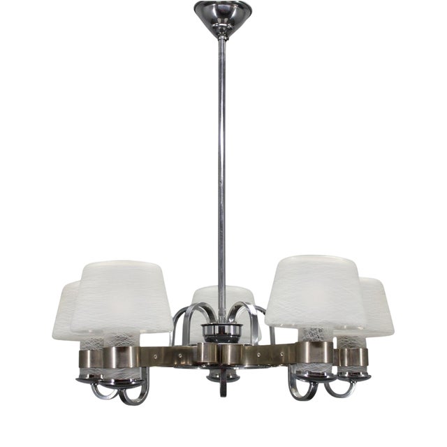 Art Deco Nickel Chandelier with Textured Glass, Czechoslovakia, 1930s For Sale