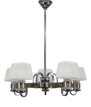 Art Deco Nickel Chandelier with Textured Glass, Czechoslovakia, 1930s