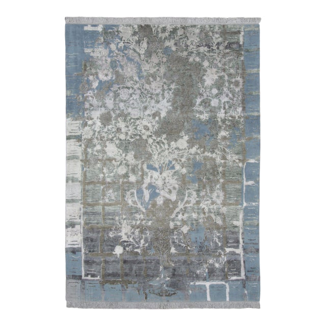 Rug & Kilim’s Distressed Contemporary Floral Rug, in Gray & Blue Hues For Sale