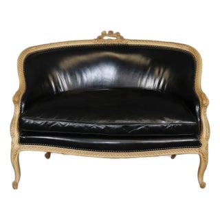 Fine French Carved Leather Paint Decorated Louis XV Settee Canape 1950s Era For Sale