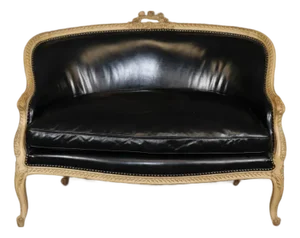 Fine French Carved Leather Paint Decorated Louis XV Settee Canape 1950s Era