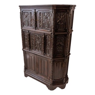 Neo-Gothic Carved Oak Cabinet For Sale