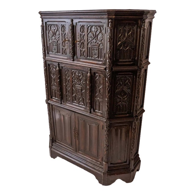 Neo-Gothic Carved Oak Cabinet For Sale