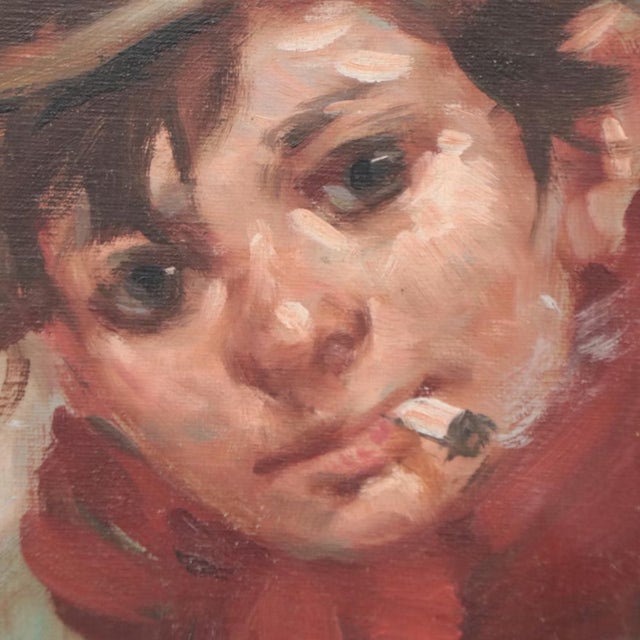 Mid 20th Century Portrait of Young City Newsboy in Winter Oil on Canvas Framed For Sale - Image 4 of 15