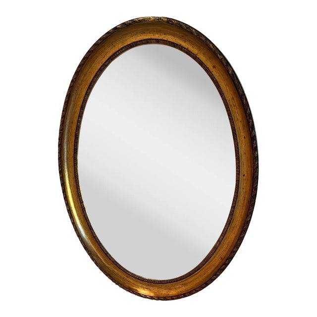 Elegant Oval Gold Mirror, Hand Carved Wood Details For Sale