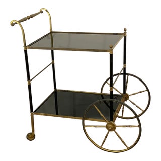 French Brass and Black Vitrolite Glass Bar Cart, 1950s For Sale