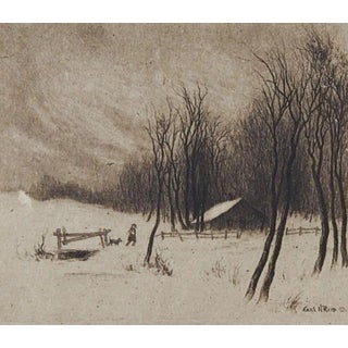 Tiny Vintage Winter Farm Scene Etching Card For Sale