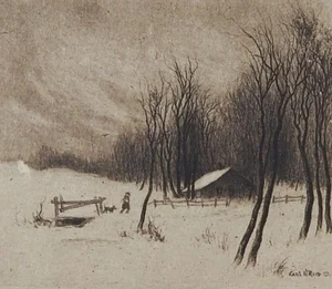 Tiny Vintage Winter Farm Scene Etching Card