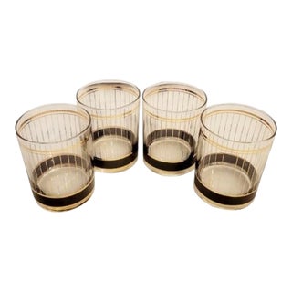 Vintage Gold Black Pinstripe Culver Cocktail Drinking Bar Ware Glasses- Set 4 For Sale