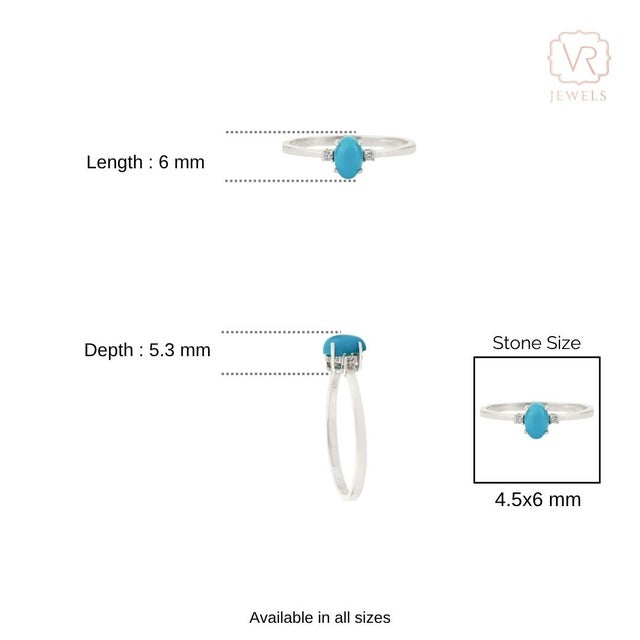 Oval Cut Turquoise & Diamond Solitaire Three Stone Ring in 14k Gold Size 6.5 For Sale - Image 10 of 13