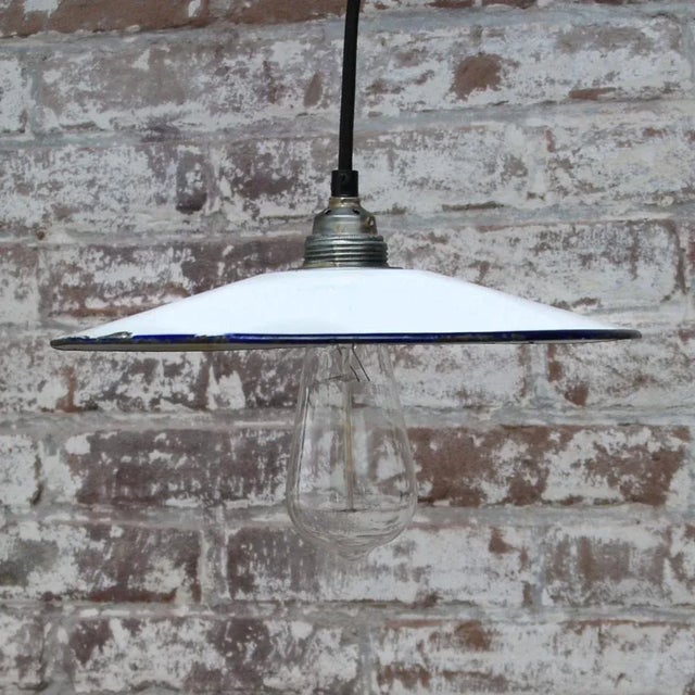Vintage French Industrial White Enamel Pendant Lamp For Sale - Image 4 of 7