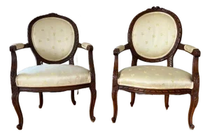 Mid 20th Century Pair of French Louis XV Style Carved Walnut Upholstered Fauteuils Open Armchairs