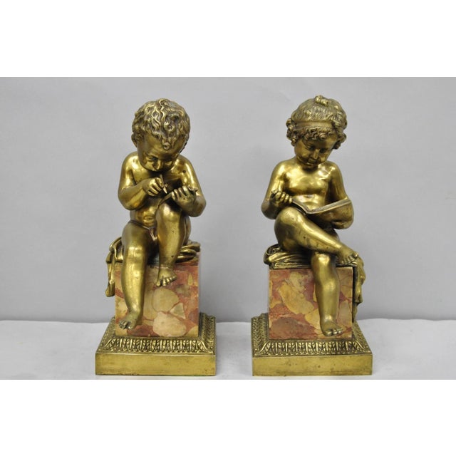 Antique French Louis XV Style Finely Cast Bronze Putti Children "Arts and Literature" Statue Figures on Marble Plinths...