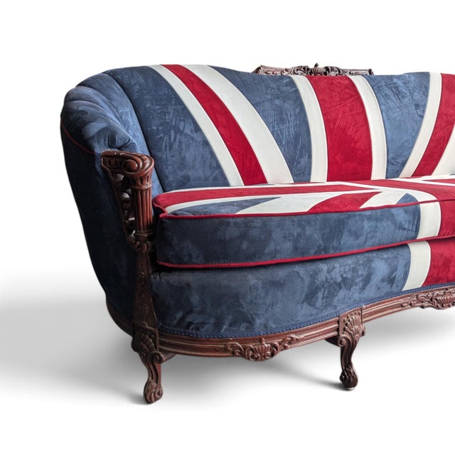 Vintage Union Jack Upholstered Sofa With Ornate Carved Wood Frame For Sale - Image 15 of 18