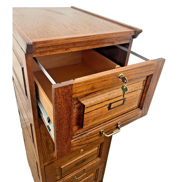 Vintage Tiger Oak File Cabinet Four Locking Drawers, Paneled Sides Legal Size For Sale - Image 4 of 12