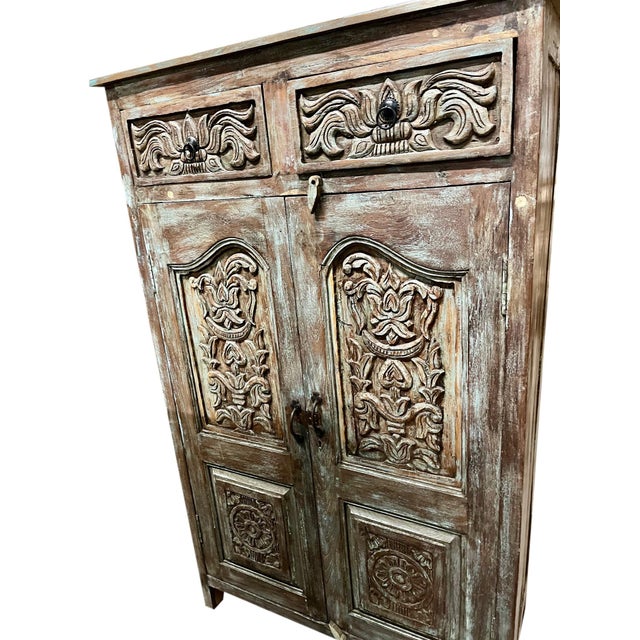 Brown Antique Spanish Style Armoire Carved Storage Bar Cabinet For Sale - Image 8 of 9