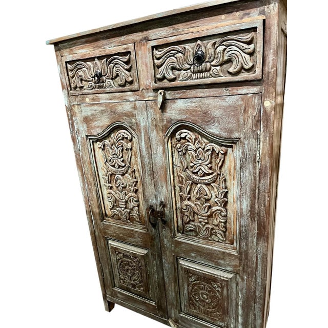 Brown Midcentury Antique Spanish Style Armoire Carved Storage Bar Cabinet For Sale - Image 8 of 9