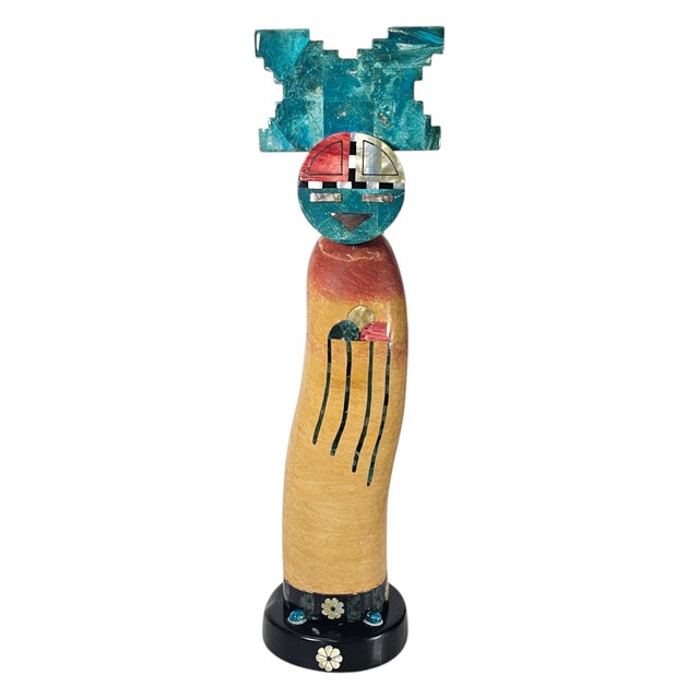 Tribal Rain Cloud Kachina Sculpture by Pedro Jimenez Iii, Blue Elk, Stone Inlay, 18" For Sale - Image 3 of 15