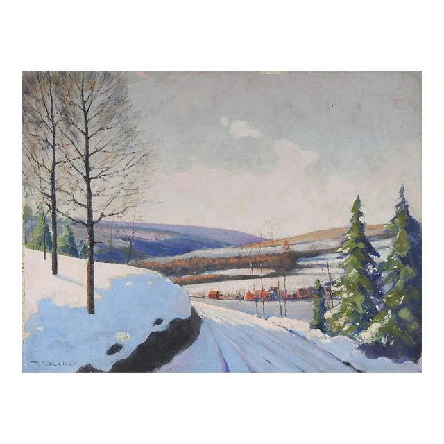 Vintage 1948 Snow Covered New Jersey Winter Sunrise Landscape Painting For Sale