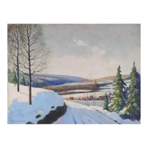 Vintage 1948 Snow Covered New Jersey Winter Sunrise Landscape Painting