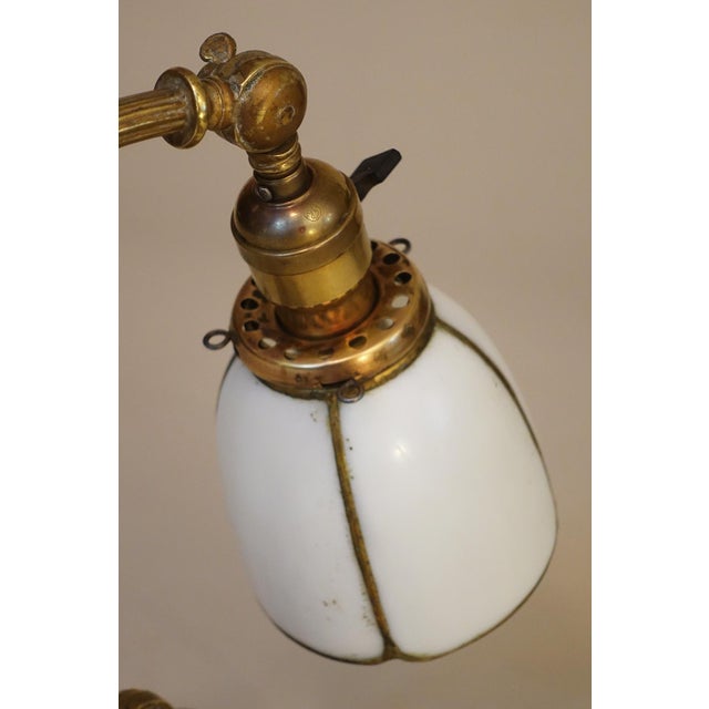 1910s Art Nouveau Edward Miller Industrial Machine Age Elaborate Brass Slag Glass Articulating Desk Table Piano Lamp For Sale - Image 9 of 12