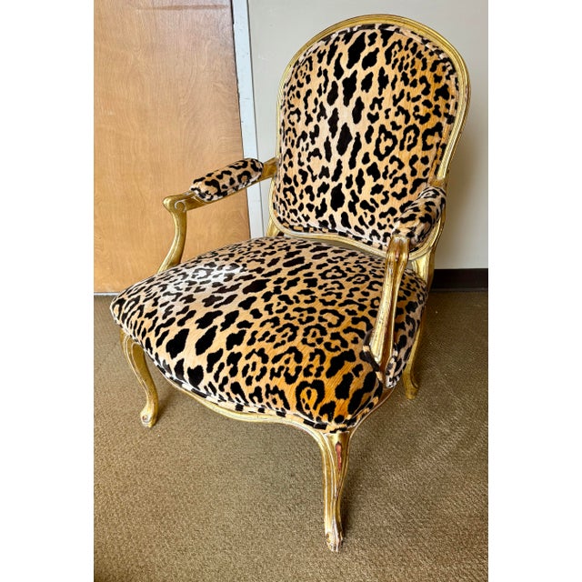 Elegant French bergère with elegant gilt wood frame upholstered in luxurious Brunschwig & Fils leopard-print velvet. •...